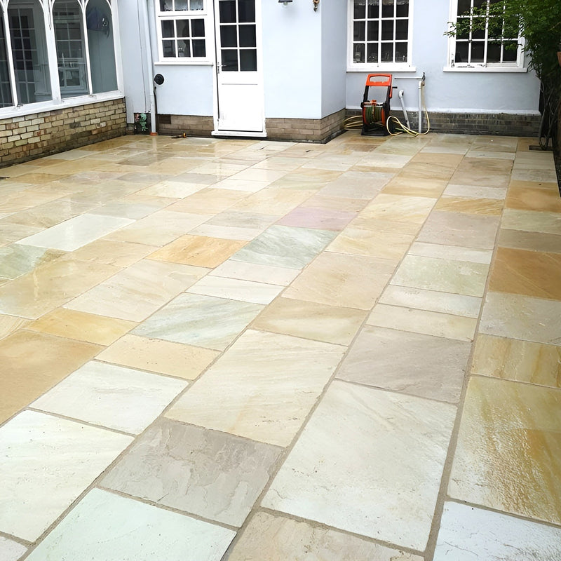 Load image into Gallery viewer, Mint Fossil Indian Sandstone Paving - Patio Pack - Mixed Sizes - Tumbled & Riven