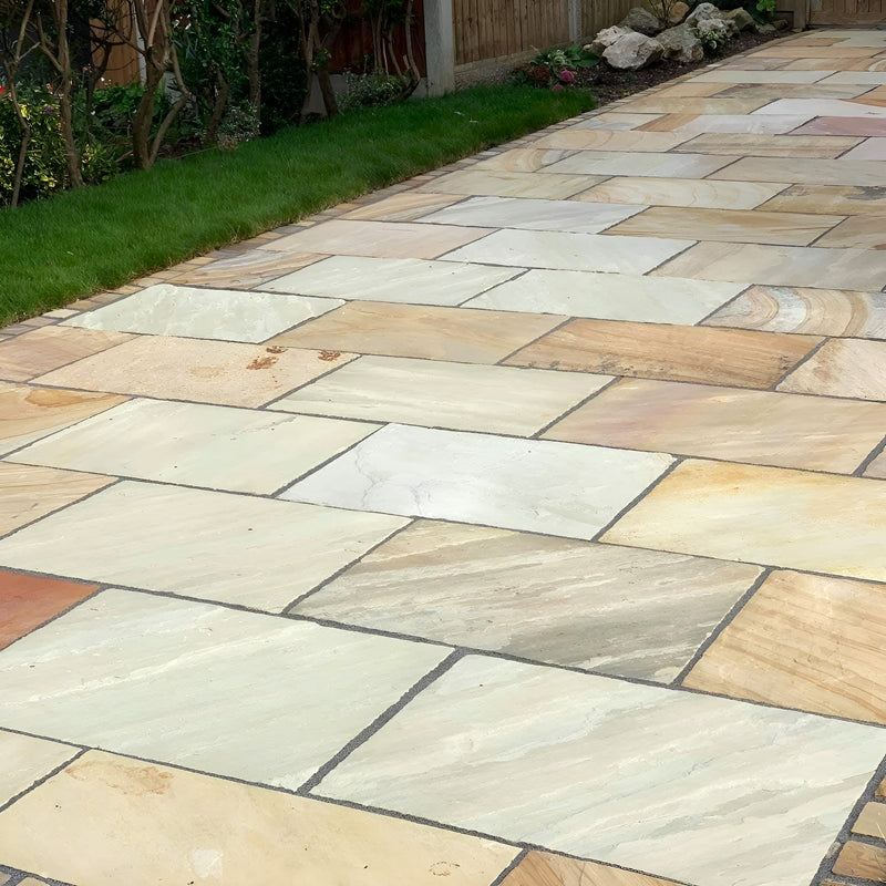 Load image into Gallery viewer, Mint Fossil Indian Sandstone Paving - 900 x 600 x 22mm - Tumbled & Riven