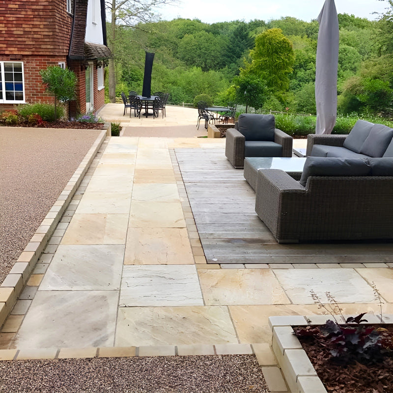 Load image into Gallery viewer, Mint Fossil Indian Sandstone Paving - 900 x 600 x 22mm - Tumbled & Riven
