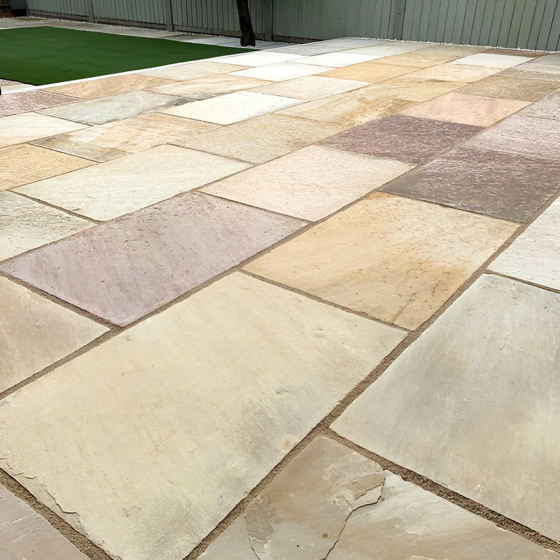 Load image into Gallery viewer, Mint Fossil Indian Sandstone Paving - 900 x 600 x 22mm - Tumbled & Riven