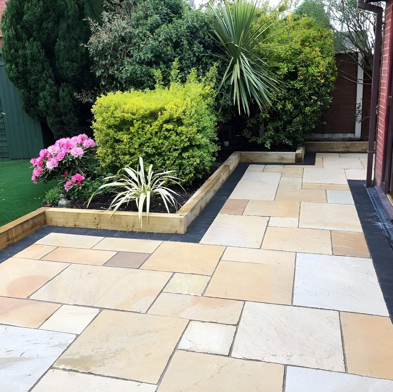 Load image into Gallery viewer, Mint Fossil Indian Sandstone Paving - Patio Pack - Mixed Sizes - Hand Cut &amp; Riven
