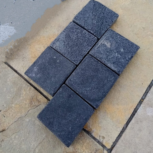Kota Black Limestone Block Paving - 150 x 150 x 50mm - Sawn, Tumbled & Riven