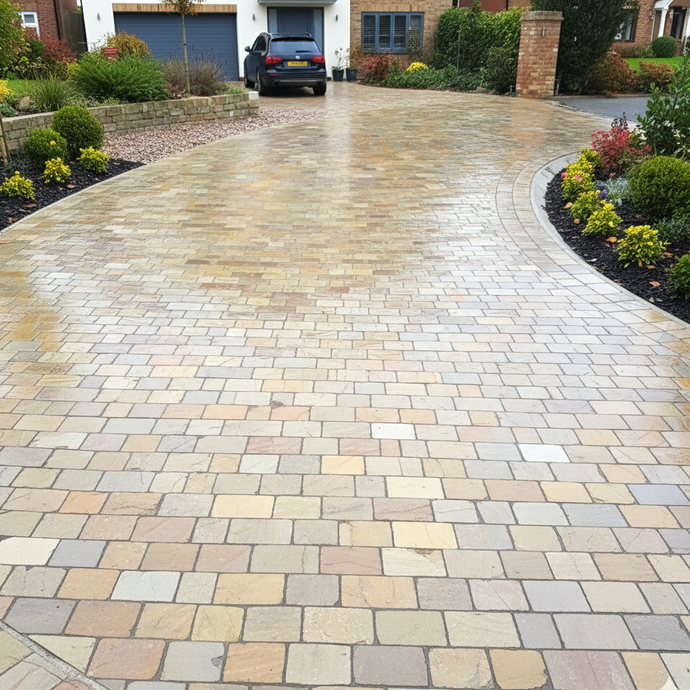 Raj Green Indian Sandstone Block Paving - 200 x 150 x 50mm - Sawn, Tumbled & Riven