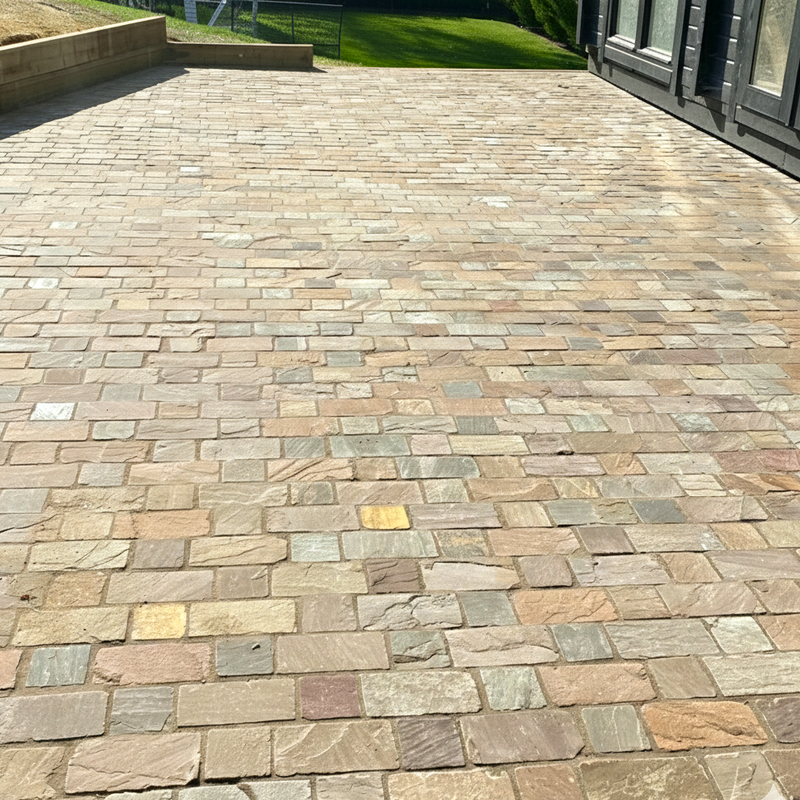 Load image into Gallery viewer, Raj Green Indian Sandstone Block Paving - 250 x 150 x 50mm - Sawn, Tumbled &amp; Riven
