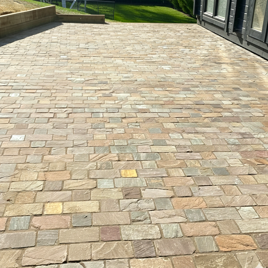 Raj Green Indian Sandstone Block Paving - 250 x 150 x 50mm - Sawn, Tumbled & Riven