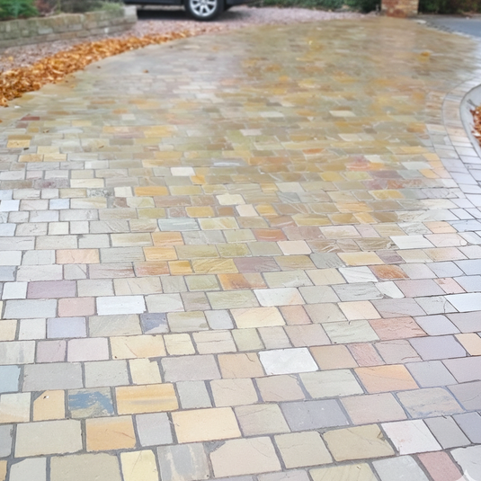 Raj Green Indian Sandstone Block Paving - 250 x 150 x 50mm - Sawn, Tumbled & Riven