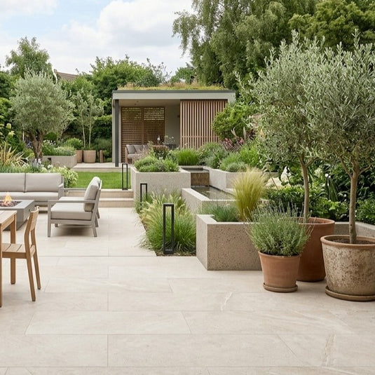Hampton Limestone Almond - Beige Porcelain Paving Tiles - 900 x 900 x 20mm