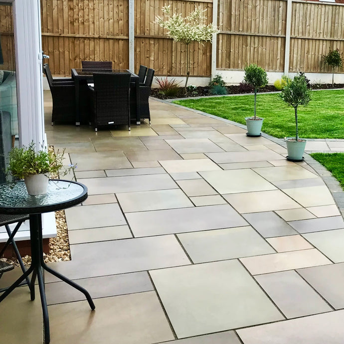 Raj Green Indian Sandstone Paving - 600 x 295 x 22mm - Sawn & Sandblasted