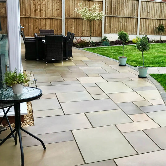 Raj Green Indian Sandstone Paving - Patio Pack - Mixed Sizes - Sawn & Sandblasted