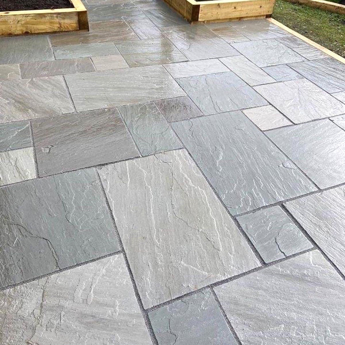 Kandala Grey Indian Sandstone Paving - 22mm Patio Pack - Mixed Sizes - Hand Cut & Riven