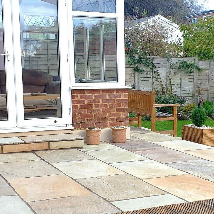Load image into Gallery viewer, Mint Fossil Indian Sandstone Paving - 600 x 600 x 22mm - Hand Cut &amp; Riven
