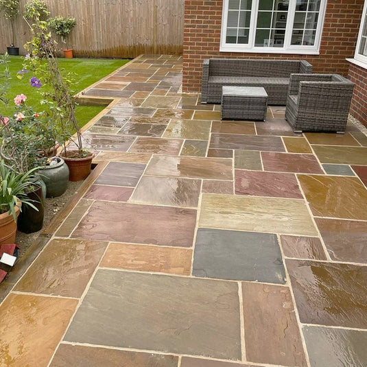 Buff Indian Sandstone Paving - Patio Pack - Mixed Sizes - Hand Cut & Riven