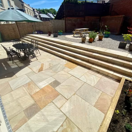 Load image into Gallery viewer, Mint Fossil Indian Sandstone Paving - Patio Pack - Mixed Sizes - Tumbled &amp; Riven
