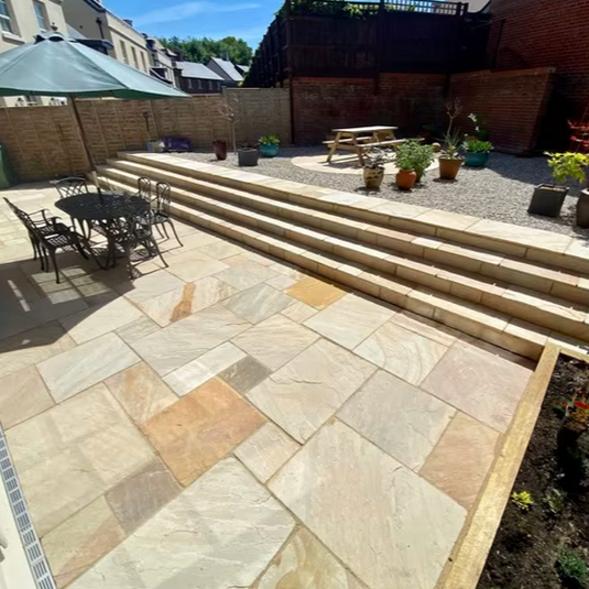 Mint Fossil Indian Sandstone Paving - Patio Pack - Mixed Sizes - Tumbled & Riven