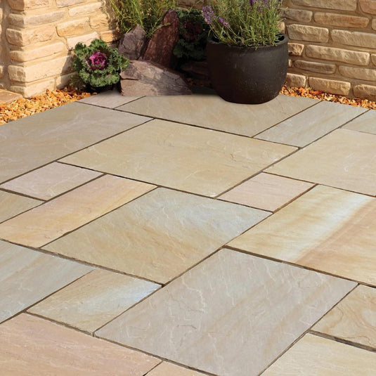 Buff Indian Sandstone Paving - Patio Pack - Mixed Sizes - Hand Cut & Riven