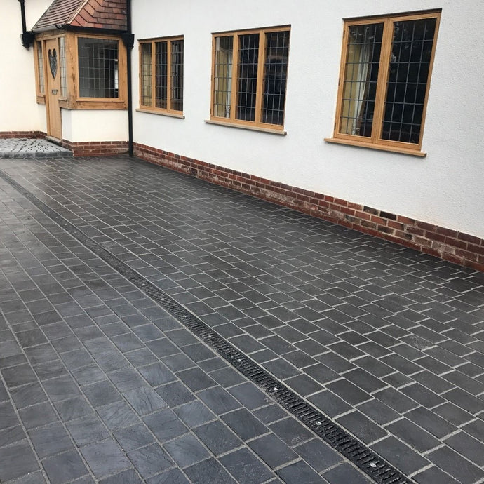 Kota Black Limestone Block Paving - 200 x 150 x 50mm - Sawn, Tumbled & Riven