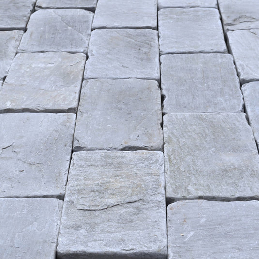 Kandala Grey Sandstone Block Paving - 150 x 150 x 50mm - Sawn, Tumbled & Riven