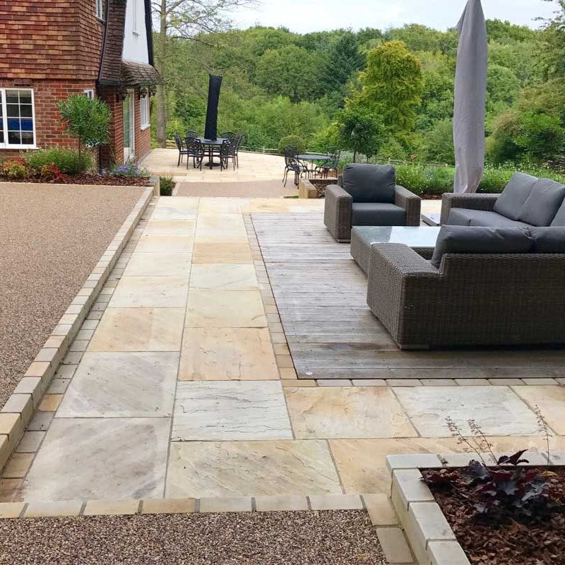 Load image into Gallery viewer, Mint Fossil Indian Sandstone Paving - 900 x 600 x 22mm - Hand Cut &amp; Riven
