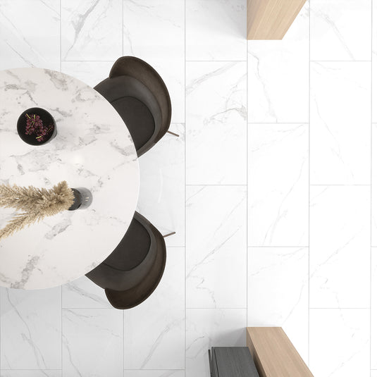 Marmi Statuario - White Porcelain Paving Tiles - Polished Finish - 600 x 600 x 7mm