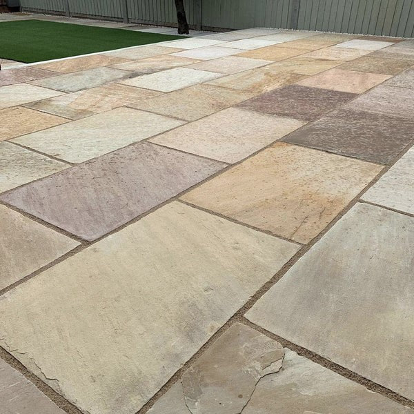 Load image into Gallery viewer, Mint Fossil Indian Sandstone Paving - 900 x 600 x 22mm - Tumbled &amp; Riven
