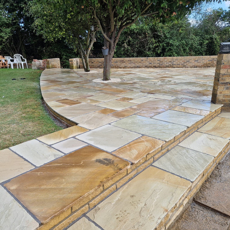 Load image into Gallery viewer, Mint Fossil Indian Sandstone Paving - Patio Pack - Mixed Sizes - Hand Cut &amp; Riven
