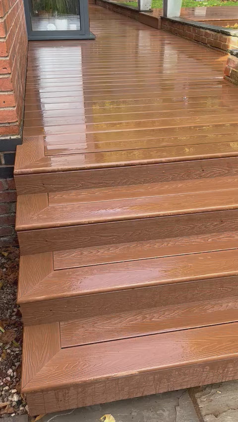 Load and play video in Gallery viewer, Soho Teak - Brown Composite Decking - Bullnose Decking Board - 3600 x 140 x 25 mm
