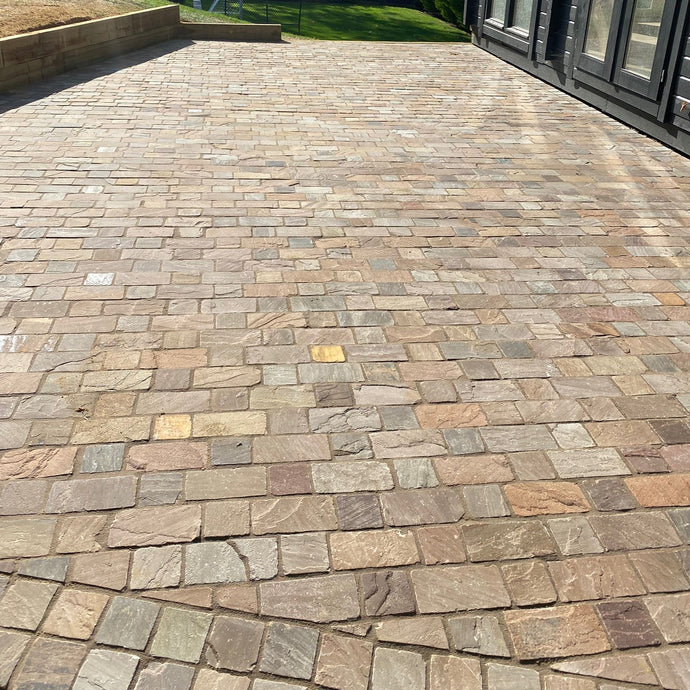 Raj Green Indian Sandstone Block Paving - 150 x 150 x 50mm - Sawn, Tumbled & Riven