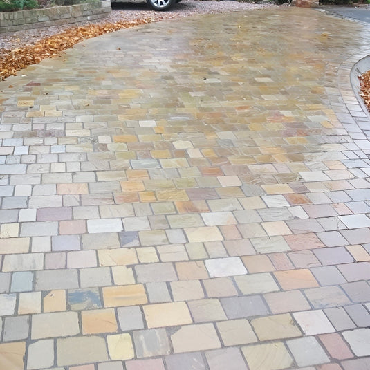 Raj Green Indian Sandstone Block Paving - 200 x 150 x 50mm - Sawn, Tumbled & Riven