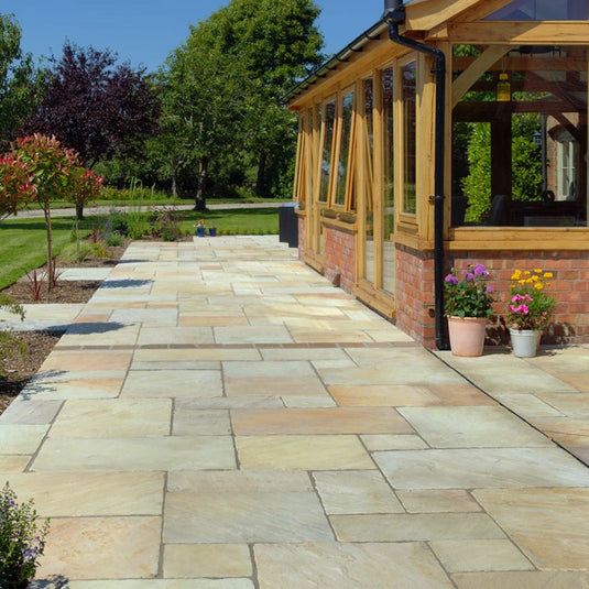 Mint Fossil Indian Sandstone Paving - Patio Pack - Mixed Sizes - Tumbled & Riven